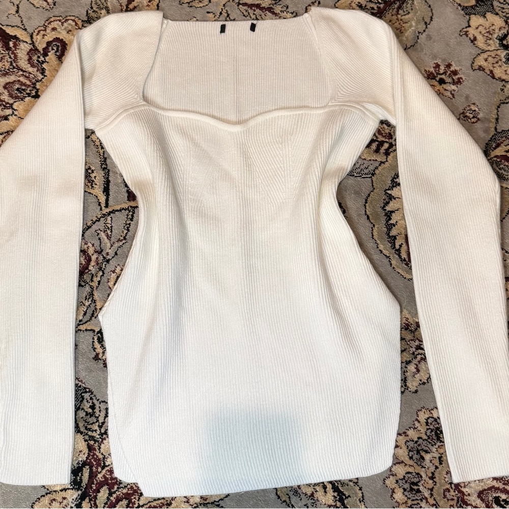 White Long Sleeve Ribbed Blouse